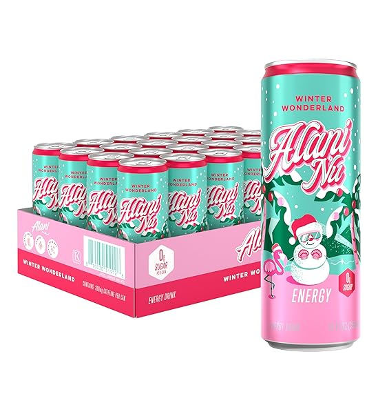 ALANI NU WINTER WONDERLAND, SUGAR FREE, LOW CALORIE ENERGY DRINKS, 200MG CAFFEINE, BIOTIN, B VITAMINS, ZERO SUGAR, 10 CALORIES, 12 FL OZ CANS, 24 PACK