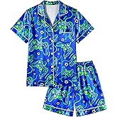 Fiodrimy Boys Pajamas Big Boys Satin PJS Set Summer Short Sleeve Button Down Kids Silky Pajama Lounge Sleepwear Size 8-14