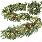 Extra Thick & Lush - Prelit Christmas Garland with 30 Lights Timer, 6Ft by 12 Inch Real Touch Cedar Garland with Berry Pinecone, Battery Operated Realistic Soft 130 Tips Xmas Garlands Indoor Outdoor