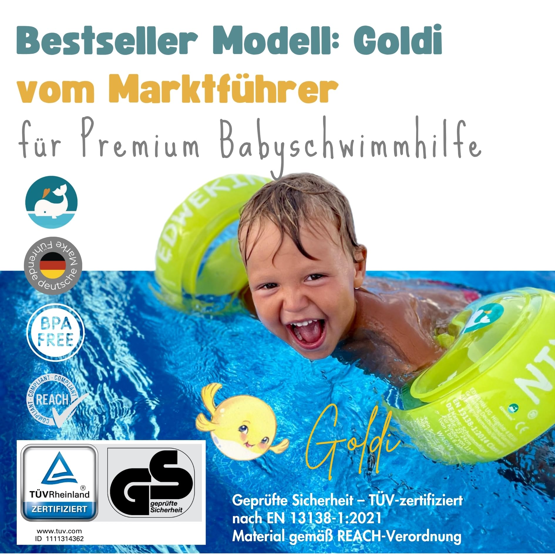 EDWEKIN® Goldi Premium Schwimmflügel | TÜV & GS-geprüft ✓ | Für Kinder 1–6 Jahre | Extragroße Luftkammern, BPA-frei, transparentes Design | Führende Schwimmhilfe für Babys und Kleinkinder 2