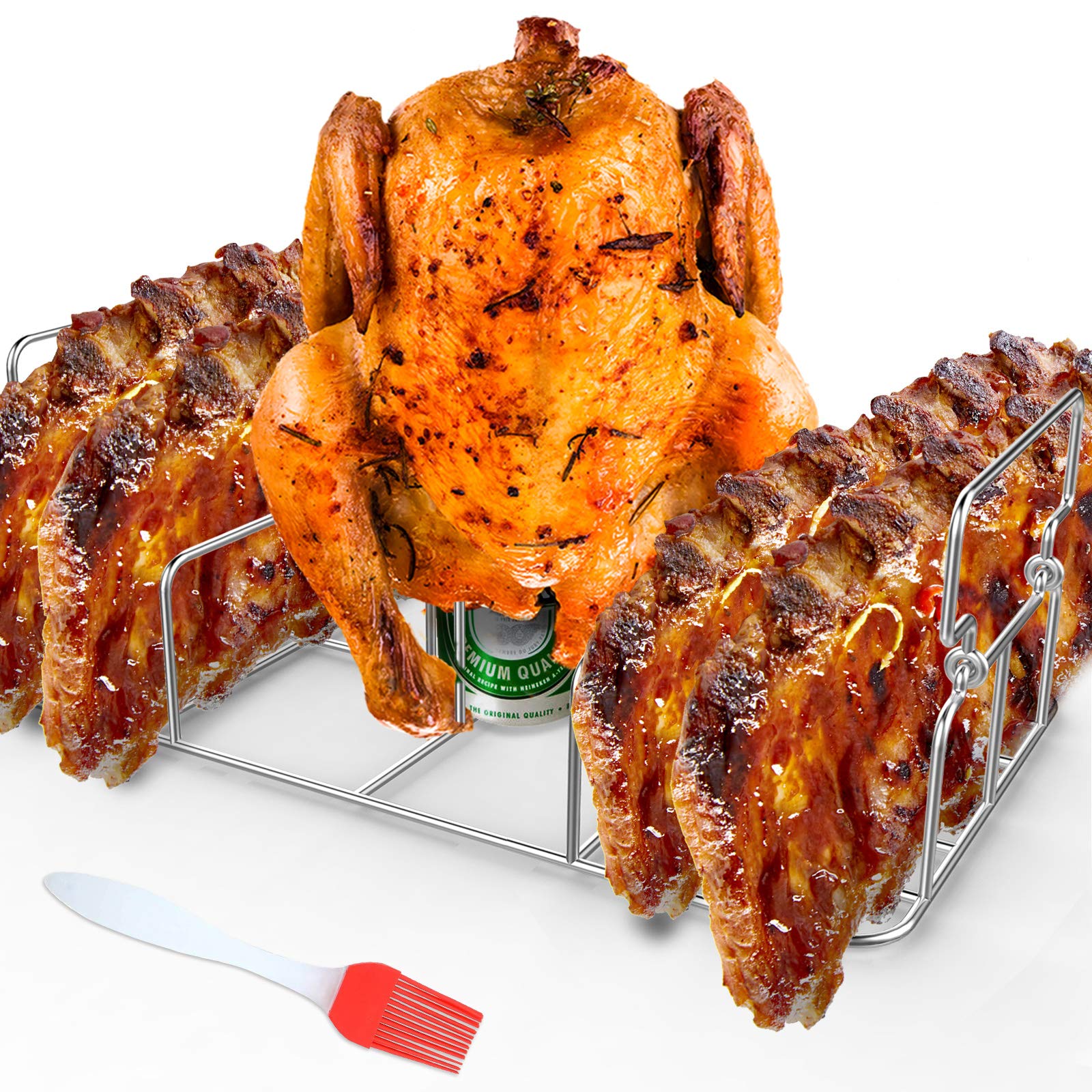 RUSFOL Beercan Chicken Roaster and Rib Rack with a Silicone Oil Brush, Rectangle BBQ Stand for Smoker,Oven and Grill, Hold Up to a Whole Chicken and 4 Ribs at a time — image 1