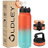 Oldley Insulated Water Bottle 20oz Water Bottles with Straw, Stainless Steel Water Bottle with 3 Lids, Double Wall Vacuum Bottels for Adults School Kids,Leak-Proof Sport Bottles, Ombre Orange-green