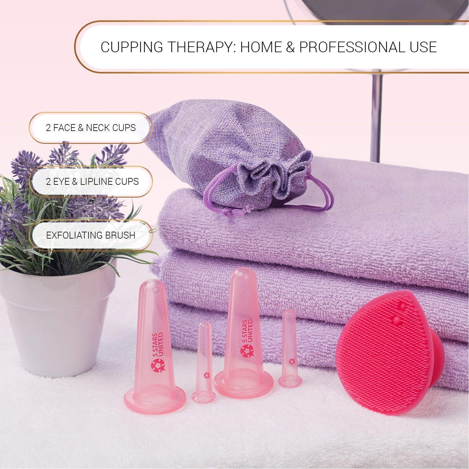 Silicone Facial Cupping Therapy Set - Eye and Face Vacuum Massage Cup Kit - 4 Cups + Free Exfoliating Brush - Anti-Wrinkle and Anti-Aging Effect - 100% Hygienic: Beauty