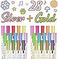 Shuttle Art 28 Pack Double Line Outline Permanent Markers, 14 Silver and 14 Gold Colors Squiggles Shimmer Markers Set, Self Outline Metallic Marker Pens for Drawing, Christmas Card, DIY Crafts
