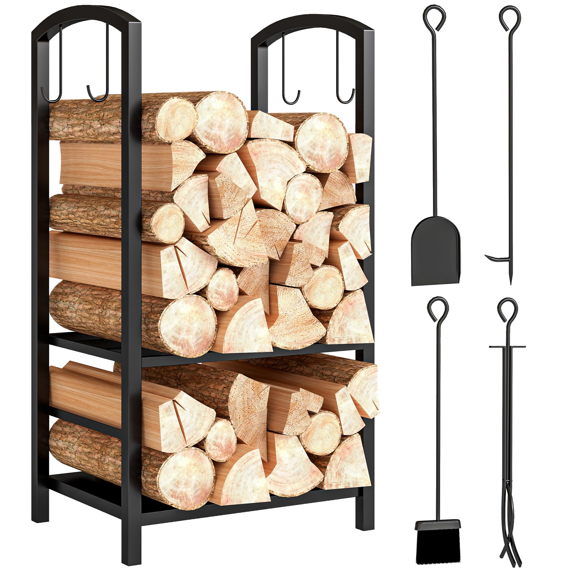 HOMCOM Outsunny Metal Firewood Log Holder 2 Layer Firewood Rack Indoor Outdoor Fireplace Wood Storage Shelf with 4 Tools and Hooks, Black, 40L x 30W x 74.5H cm