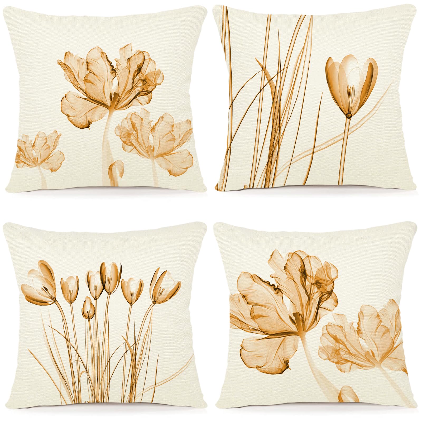 ZWJD Decorative Linen Cushion Cover 45x45 Set of 4 Floral Watercolor Painting Cushion Covers for Sofa Bedroom Sofa Outdoor Cushion 45x45 A252-18 — image 1