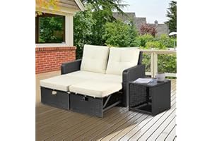 SENYUN Wicker Patio Loveseat Sofa, 2 Pcs Outdoor PE Rattan Convertible Loveseat Couch with Table & Waterproof Thick Cushion, Easy Assemble Black Wicker Furniture for Lawn Pool Garden Backyard