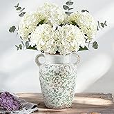 Enra Farmhouse Vintage vase with Handle,9.4 in Ceramic Chinoiserie Floral Vase,Green and Beige Decorative Flower vase,Large Rustic Vases for Home Decors, Living Room, Bookshelf, Office