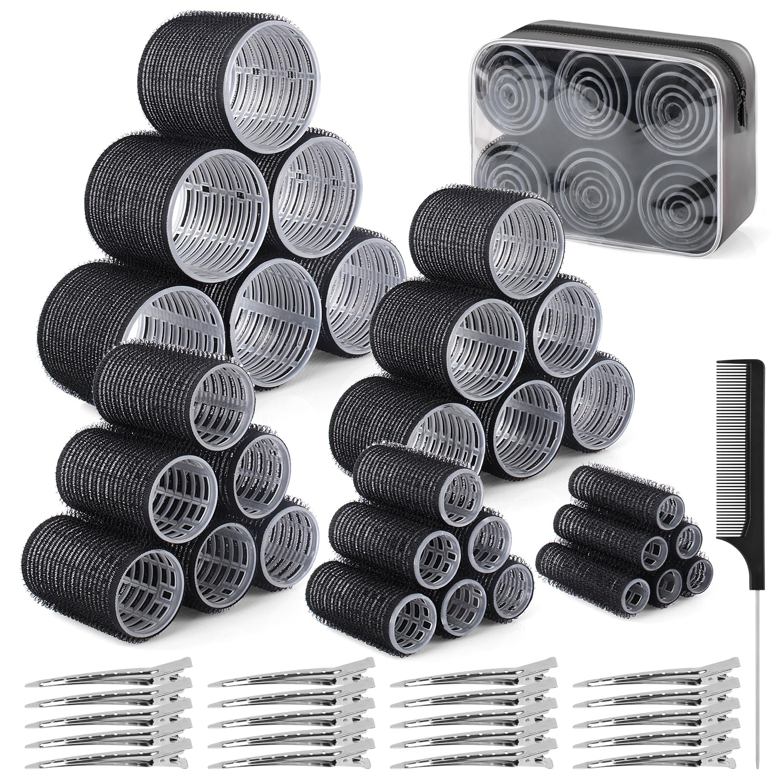 BELICOO 60 PCS Hair Rollers with Clips, 5 Sizes(60/48/36/25/15mm) Velcro Rollers with 28 Metal Clips, Perfect for Long Medium Short Thick Hair (Black)