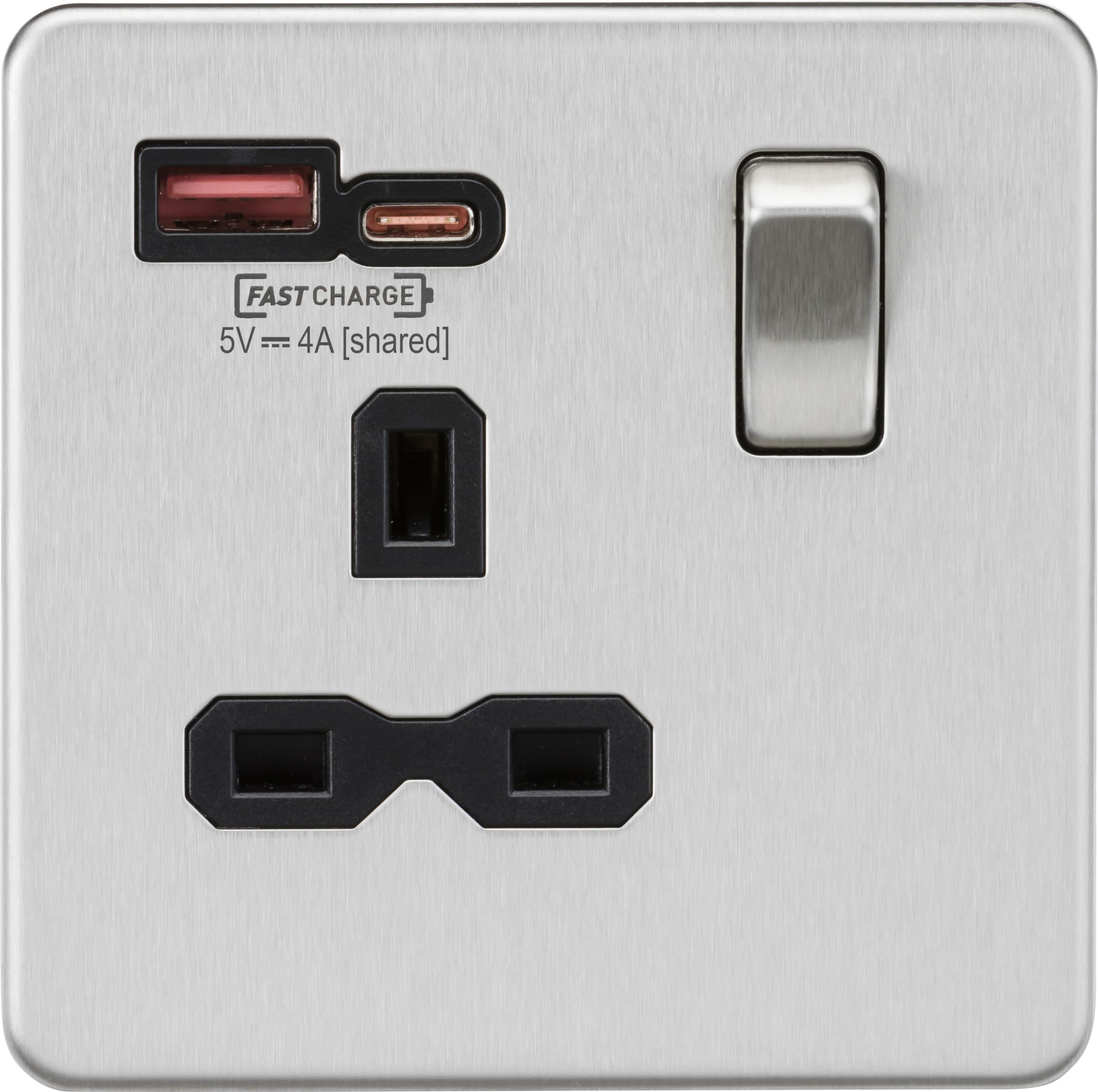 13A 1G Switched Socket with Dual USB [FASTCHARGE] A+C - Brushed Chrome with Black Insert