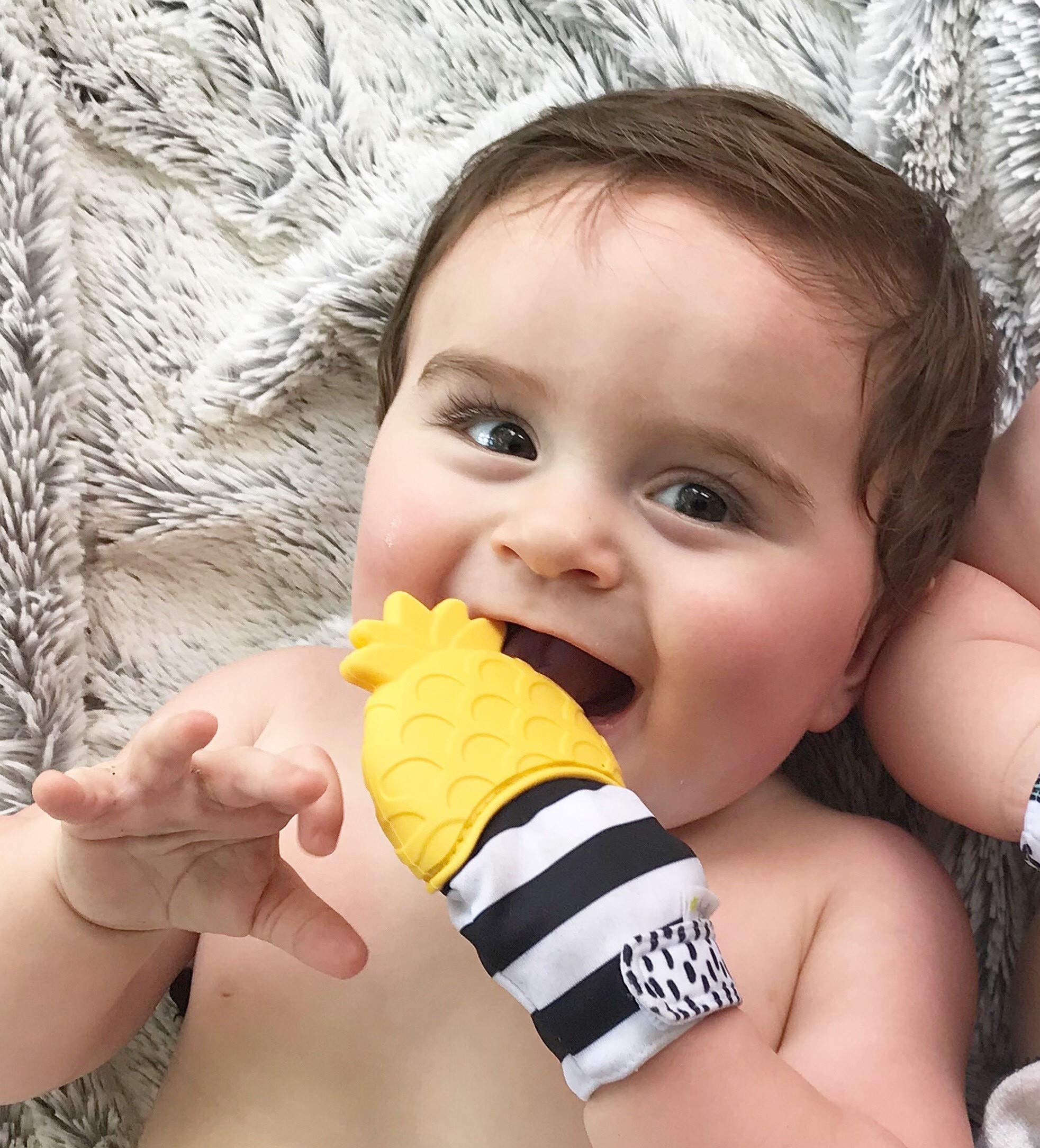 Itzy Ritzy Silicone Teething Mitt - Soothing Infant Teething Mitten with Adjustable Strap, Crinkle Sound & Textured Silicone to Soothe Sore & Swollen Gums - For Ages 3 Months & Up (Pineapple)