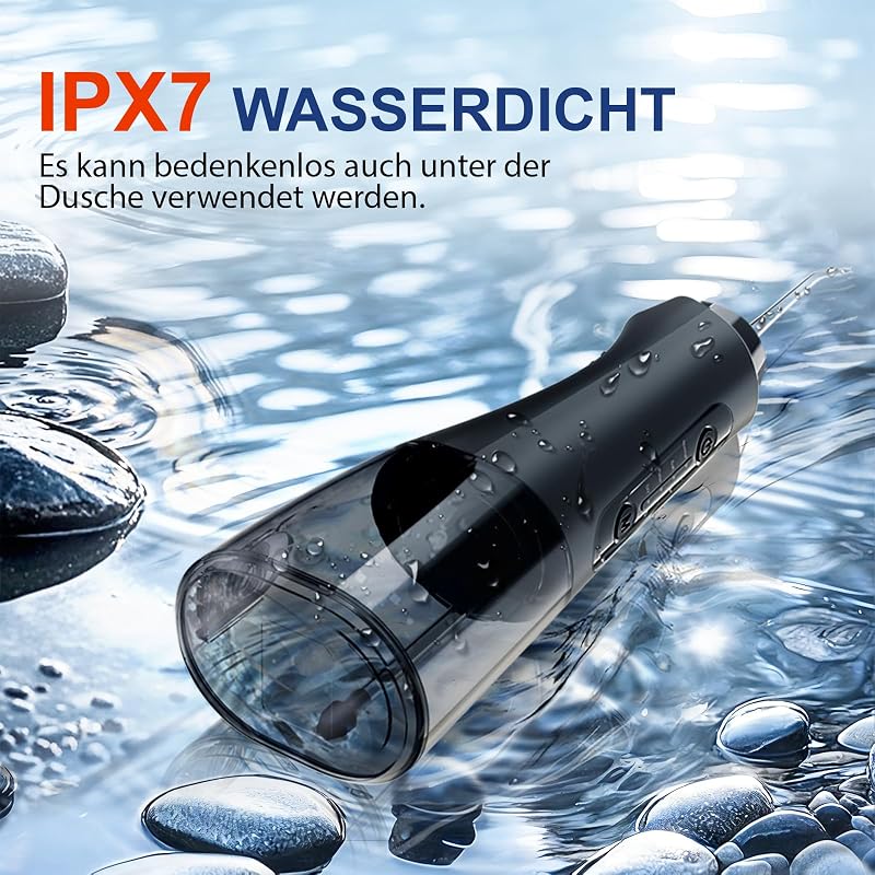 Munddusche, 320 ml, 5 Düsen, 4 Modi, USB-C, IPX7, Schwarz