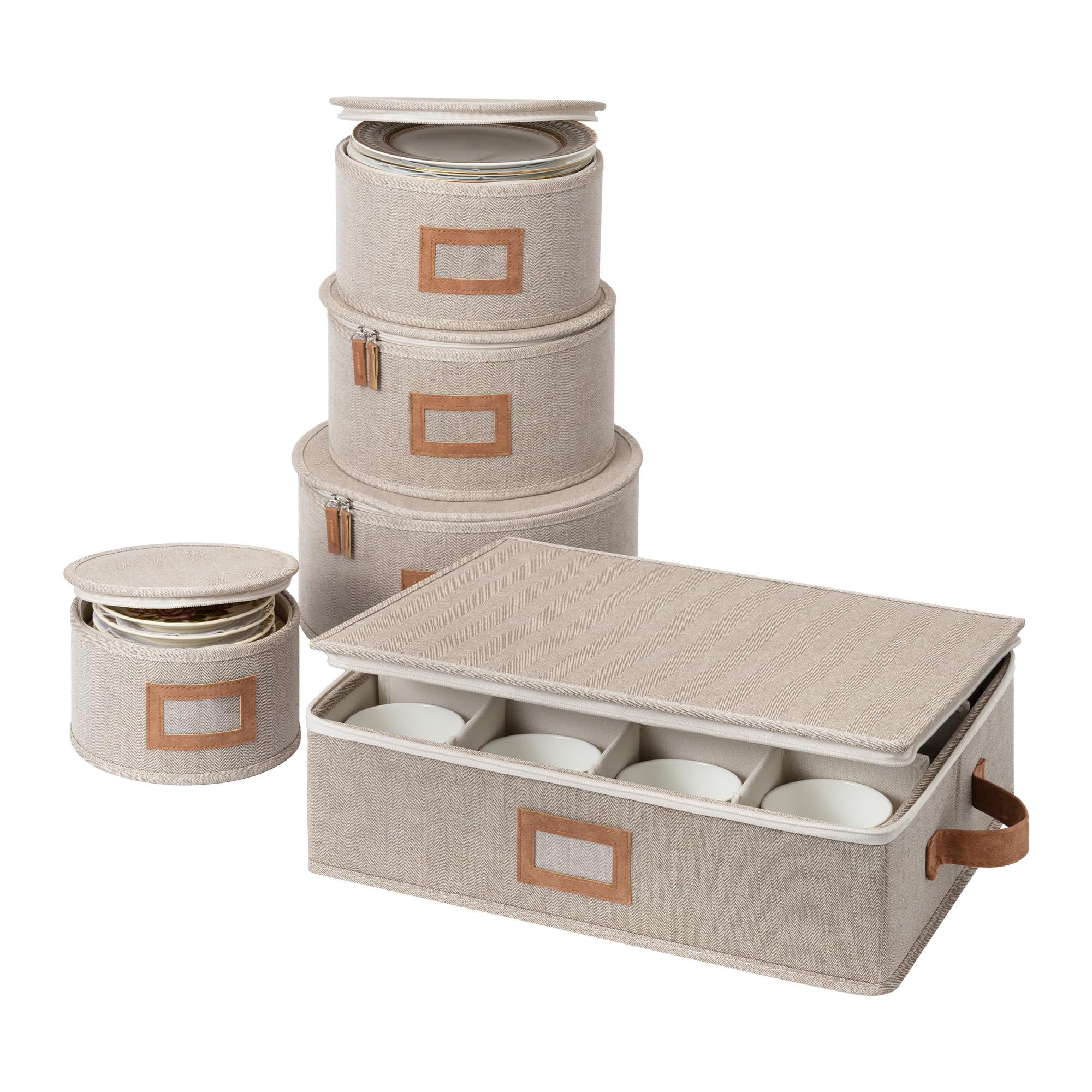 Photo 1 of StorageWorks China Storage Containers, Hard Shell Storage Boxes for Plates, Mugs, Stemware Storage Cases, Holds up to 12 Place Settings, Foldable and Stackable Organizers, 5 Pack, Brown and Beige