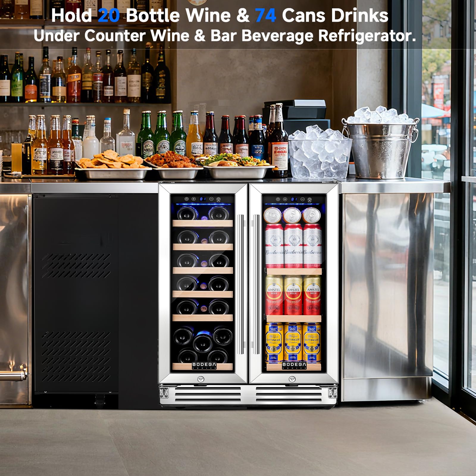 BODEGA 24 Inch Wine and Beverage Refrigerator, Dual Zone Wine and Bar Beverage Cooler, Commercial Black Bar Cooler With 2 Glass Doors, Bar Fridge Hold 19 Bottles and 57 Cans,Built-In or Freestanding.