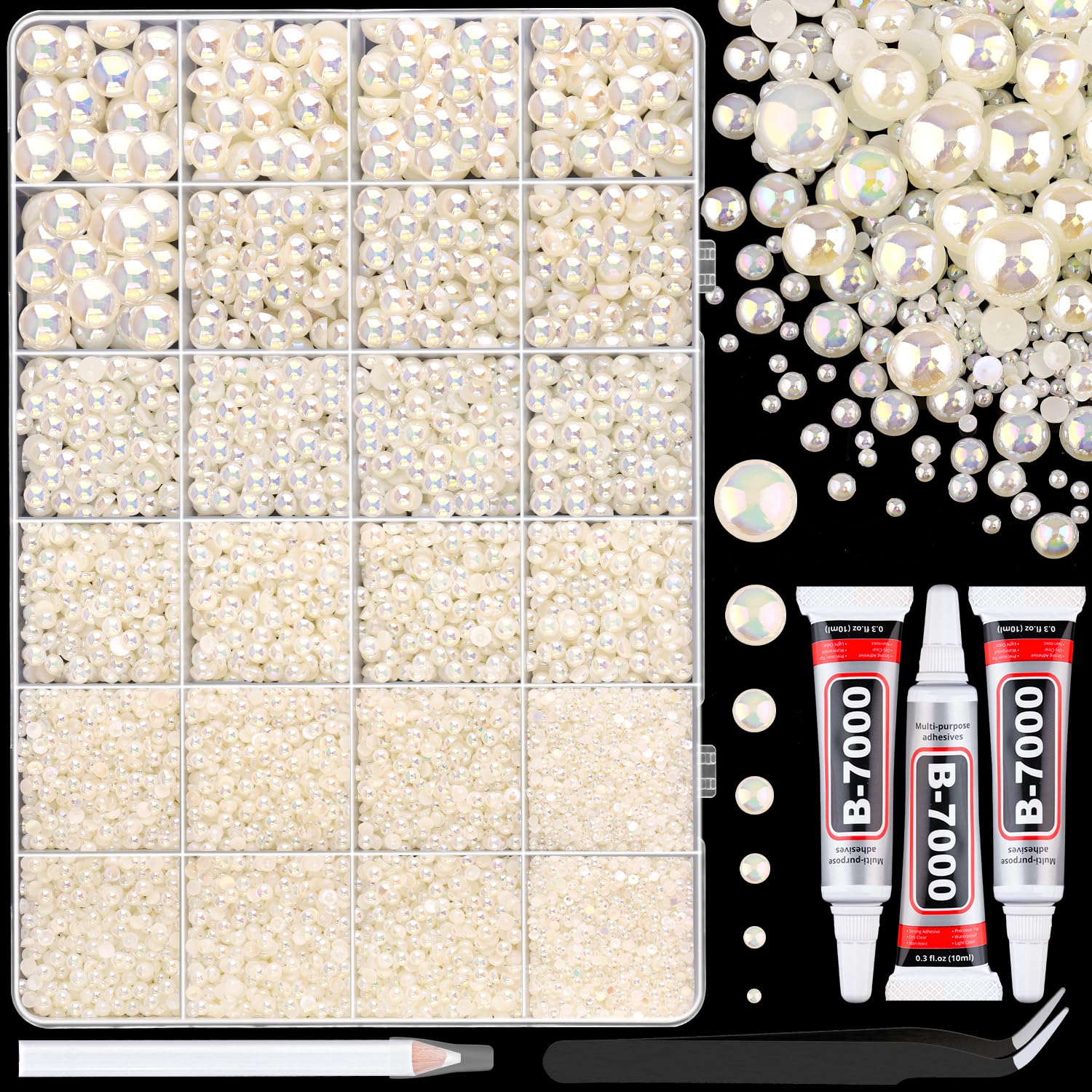 Photo 1 of 13000Pcs Flatback Pearls for Crafting (Beige AB), Assorted Size 2/3/4/5/6/8/10mm Half Pearl with 3Pcs 10ml B7000 Jewelry Glue, Bedazzling Bead for DIY Crafts Clothing Tumblers Shoes Nail Art