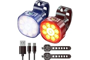 USB Rechargeable Bike Lights Set，IP65 Waterproof Mountain/Road Headlight and Taillights，8+7 Lighting Modes，Super Bright Front