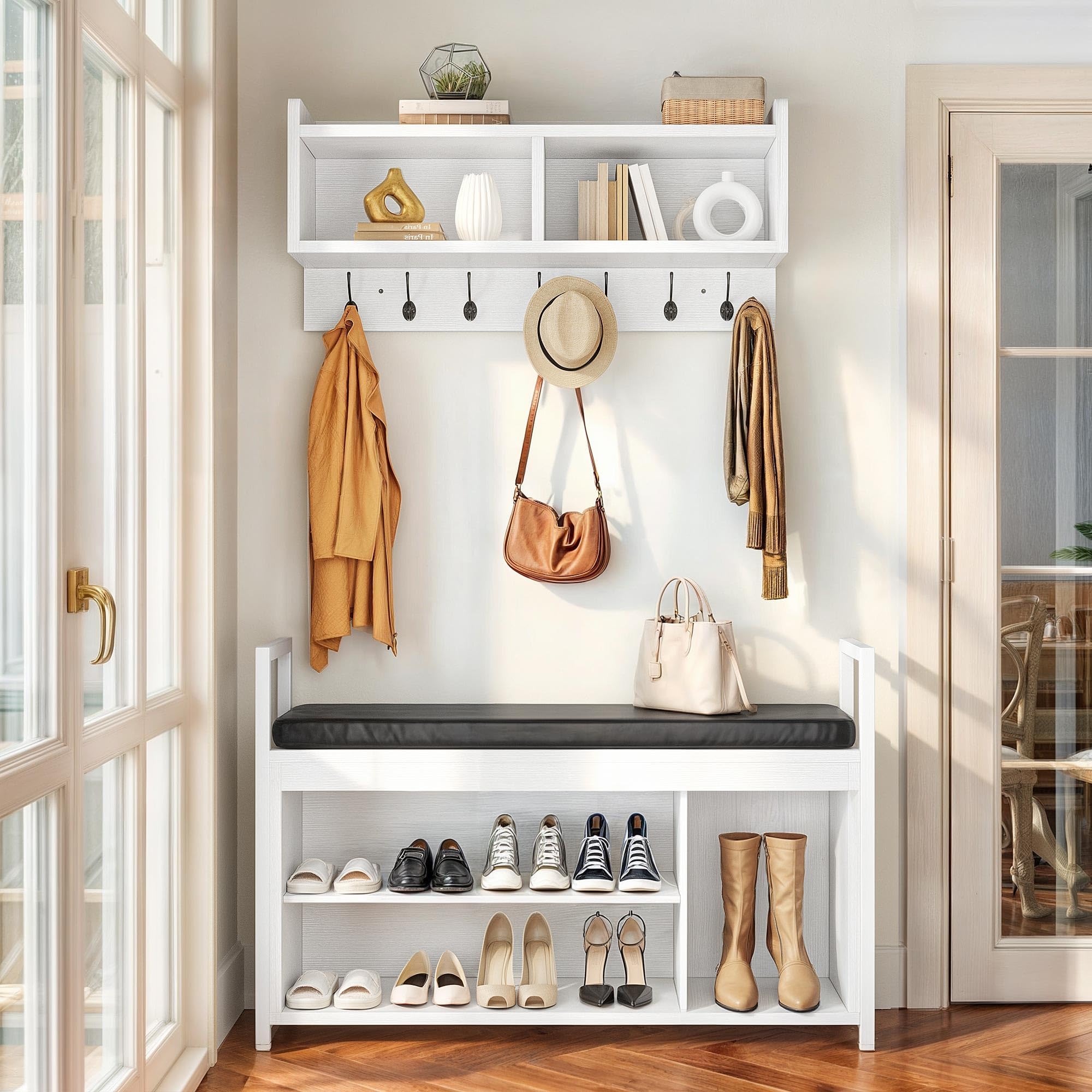 Photo 1 of YITAHOME Coat Rack Shoe Bench Set, Wall Coat Rack with Shoe Storage, Industrial Entryway Shoe Bench with Coat Rack, 2 Storage Cubbies with Lip Top for Entryway, Hallway, White