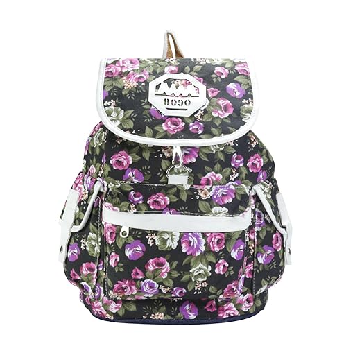 DESENCE Women & Girls Stylish Backpack/Bagpack Bags for College/School/Travel -Canvas Floral Design- 10 liters (Black)