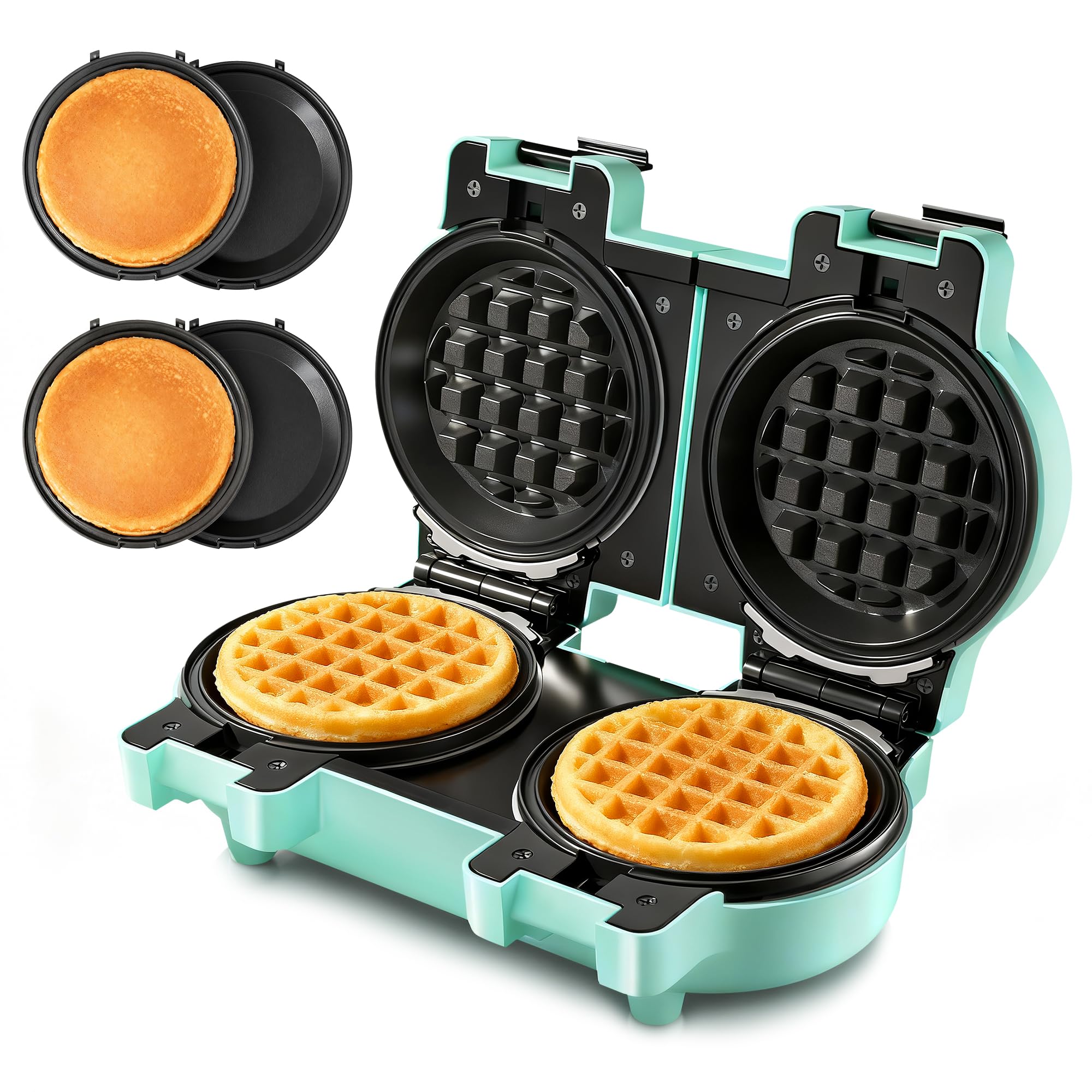 Photo 1 of 2-in-1 Double Waffle & Pancake Maker - CACHOO Mini 4" Nonstick Waffle Iron & Small Round Griddle with 4 Removable Plate Sets, Dishwasher Safe, Perfect for Small Spaces, Apartments & Dorms, Aqua