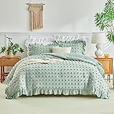 Tufted Dots Ruffle Comforter Set Full/Queen Size, 3 Pieces Sage Green Vintage Farmhouse Shabby Chic Comforters, Jacquard Boho Bohemian Bedding Set for All Season (1 Ruffled Comforter+ 2 Pillow Shams)
