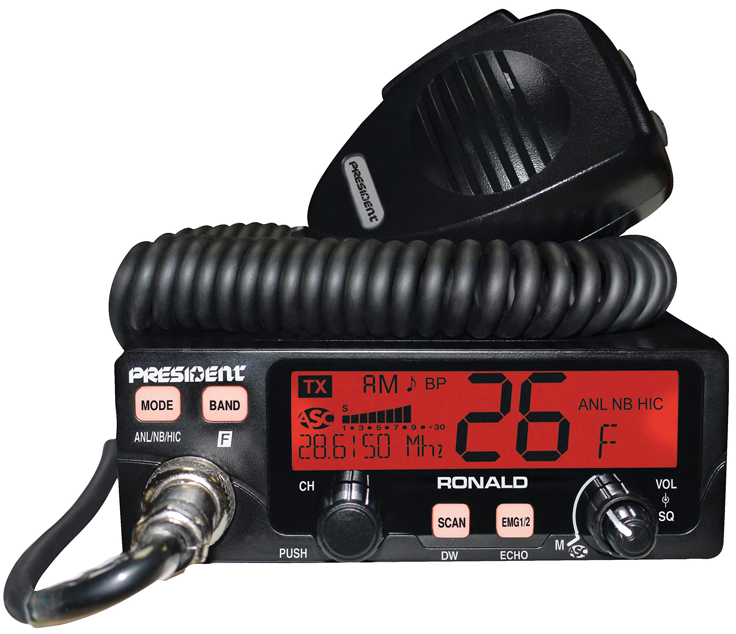 Ham Radio President RONALD ASC 10/12m, AM-FM, 12V, Squelch Manual Automat, Scan, RF Gain, Dual Watch TXSU500