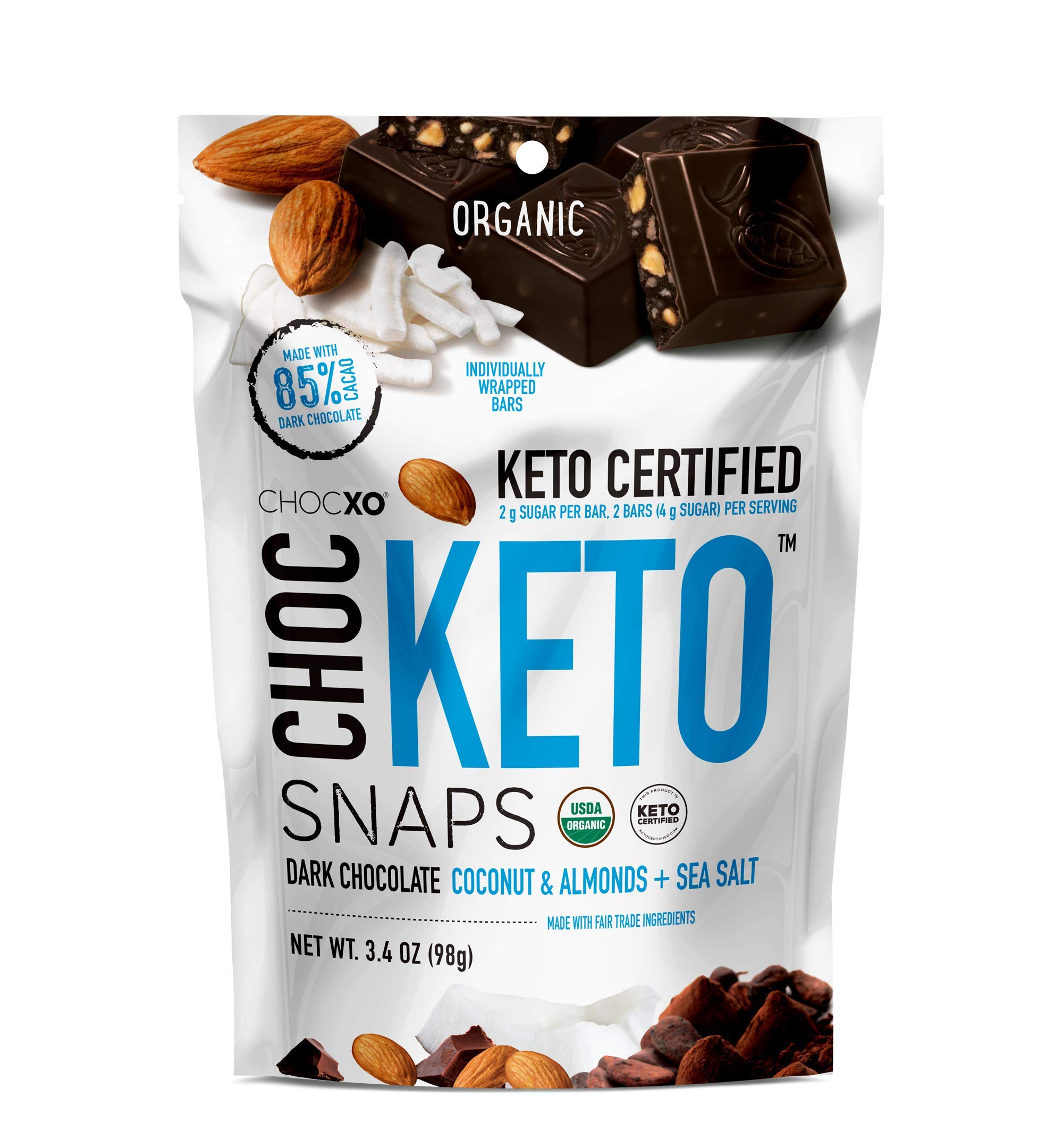 ChocKETO Dark Chocolate Coconut Snaps with Almonds and Sea Salt | Keto Certified, Low Sugar, USDA Organic, Gluten Free and Kosher | Keto Chocolate, 98 g (1 Bag)