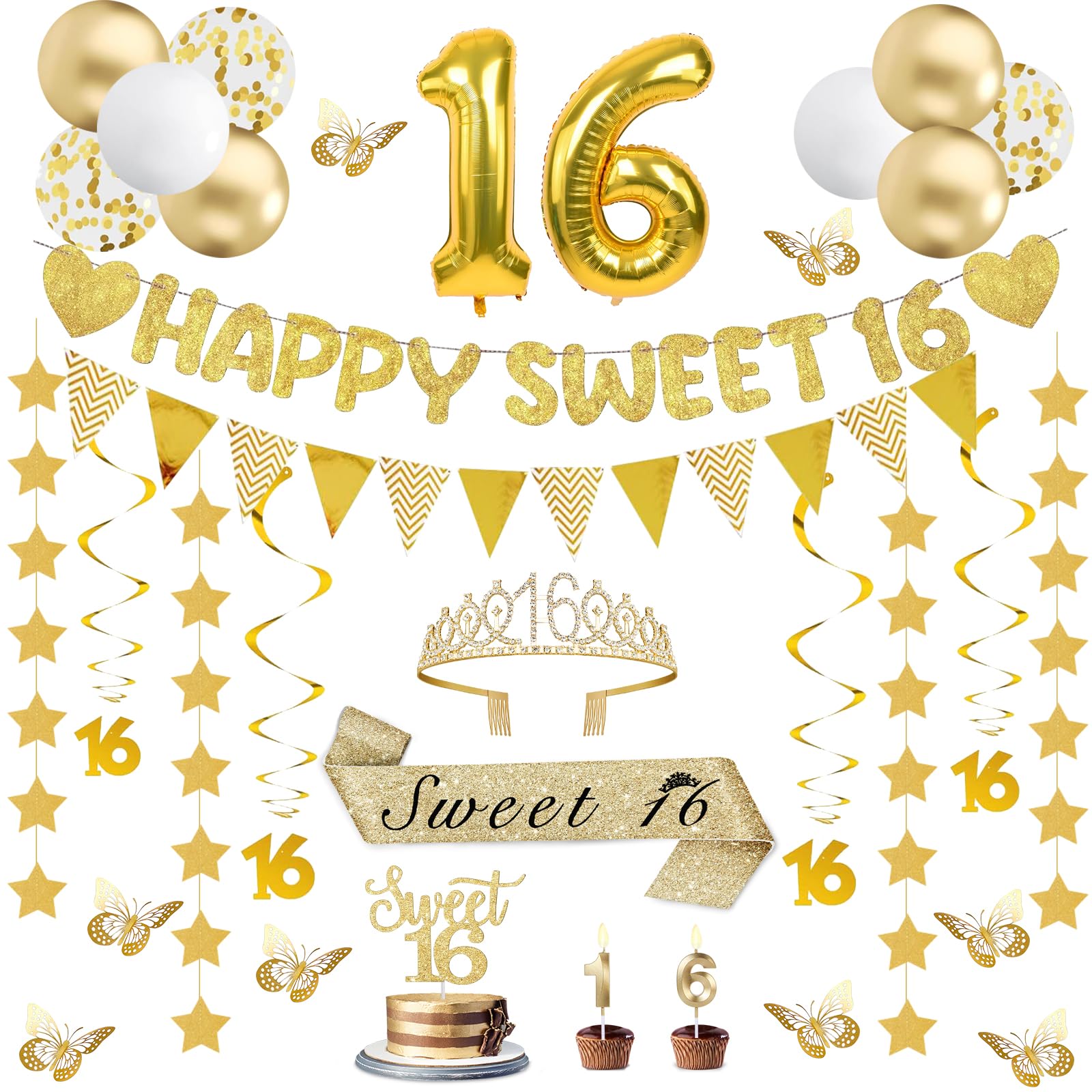 Photo 1 of 32Pcs Sweet 16 Party Decorations with Banners, Hanging Swirls,Star Garland, Butterfly,Sweet 16 Sash and Tiara,Cake Toper Candles,Balloons, 16th Birthday Decorations for Girls Gold White