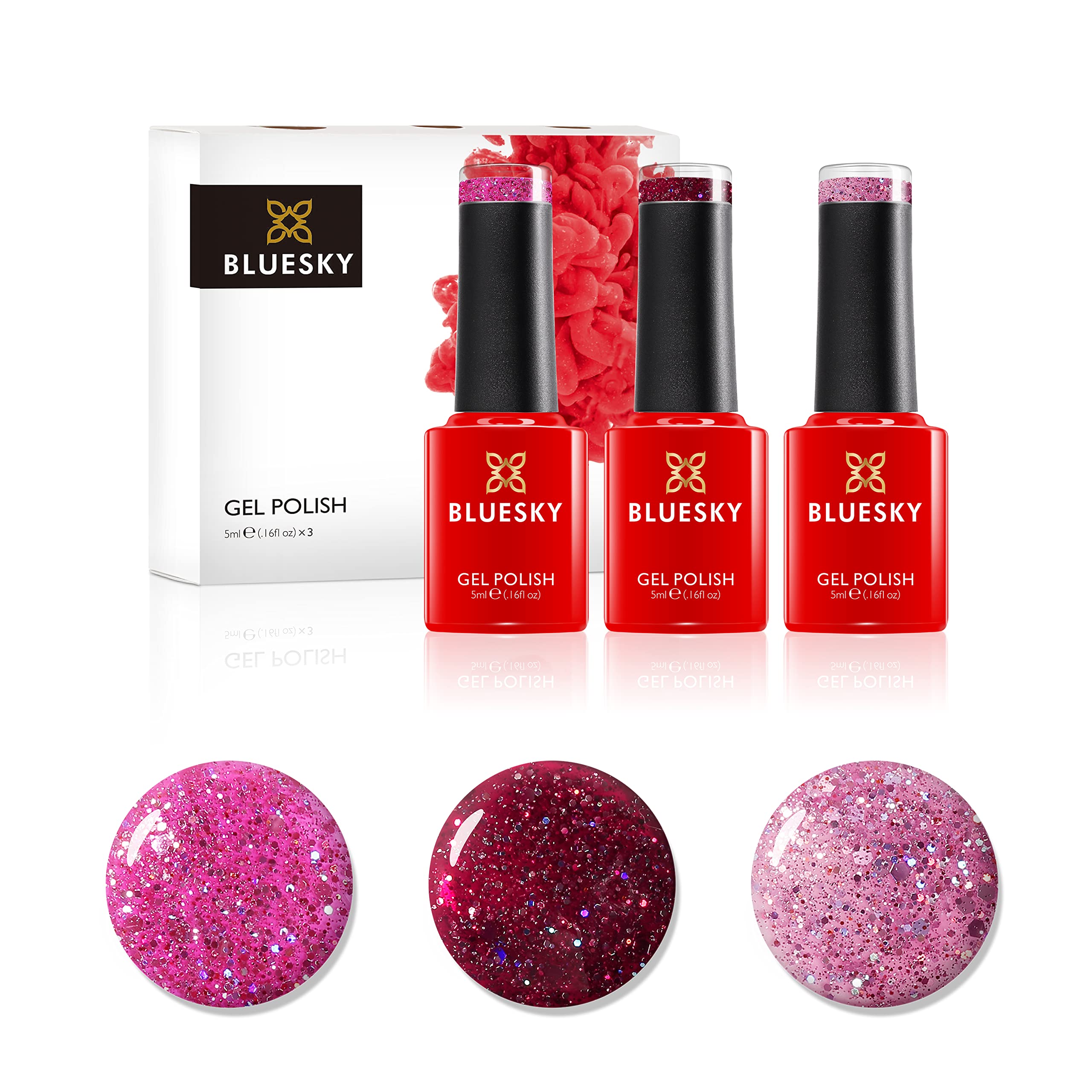 Bluesky Gel Nail Polish Set, Pink Confetti, Diamond Girl Blz44, Barbie Pink Blz04, Scarlett Red Blz35, 3 x 5 ml, Glitter (Requires Curing Under UV or LED Lamp)