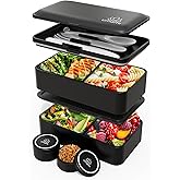 Umami Bento Box Adult All-In-1 w/4 Utensils, 2 Sauce Jar, 2 Dividers, 100% Leakproof, Microwave & Dishwasher Safe, Stackable Bento Lunch Box Containers for Men/Women, Matte Black, 40 oz