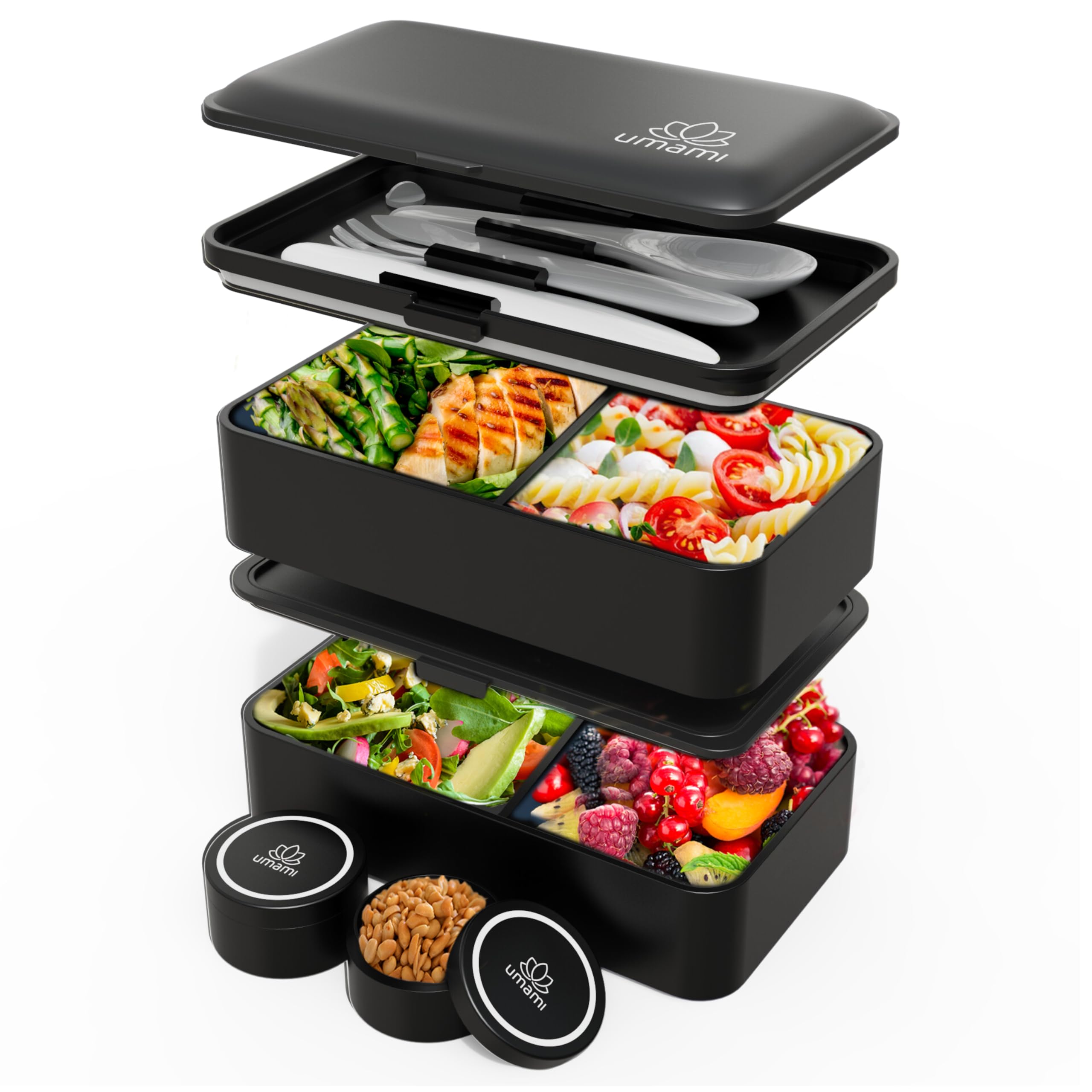 Umami Bento Box Adult All-In-1 w/4 Utensils, 2 Sauce Jar, 2 Dividers, 100% Leakproof, Microwave & Dishwasher Safe, Stackable Bento Lunch Box Containers for Men/Women, Matte Black, 40 oz Image