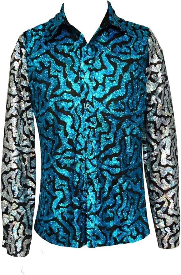 HAPPYSUN Men Sequin Button Down Shirt Disco Party Shirt Blue