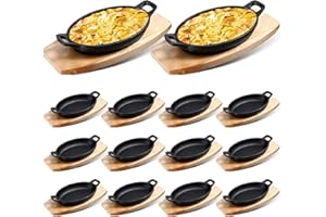 Mifoci 12 Pcs Cast Iron Skillet with Wooden Base Mini Cast Iron Fajita Plates Baker's Skillet Matte Black Small Pan for Kitch