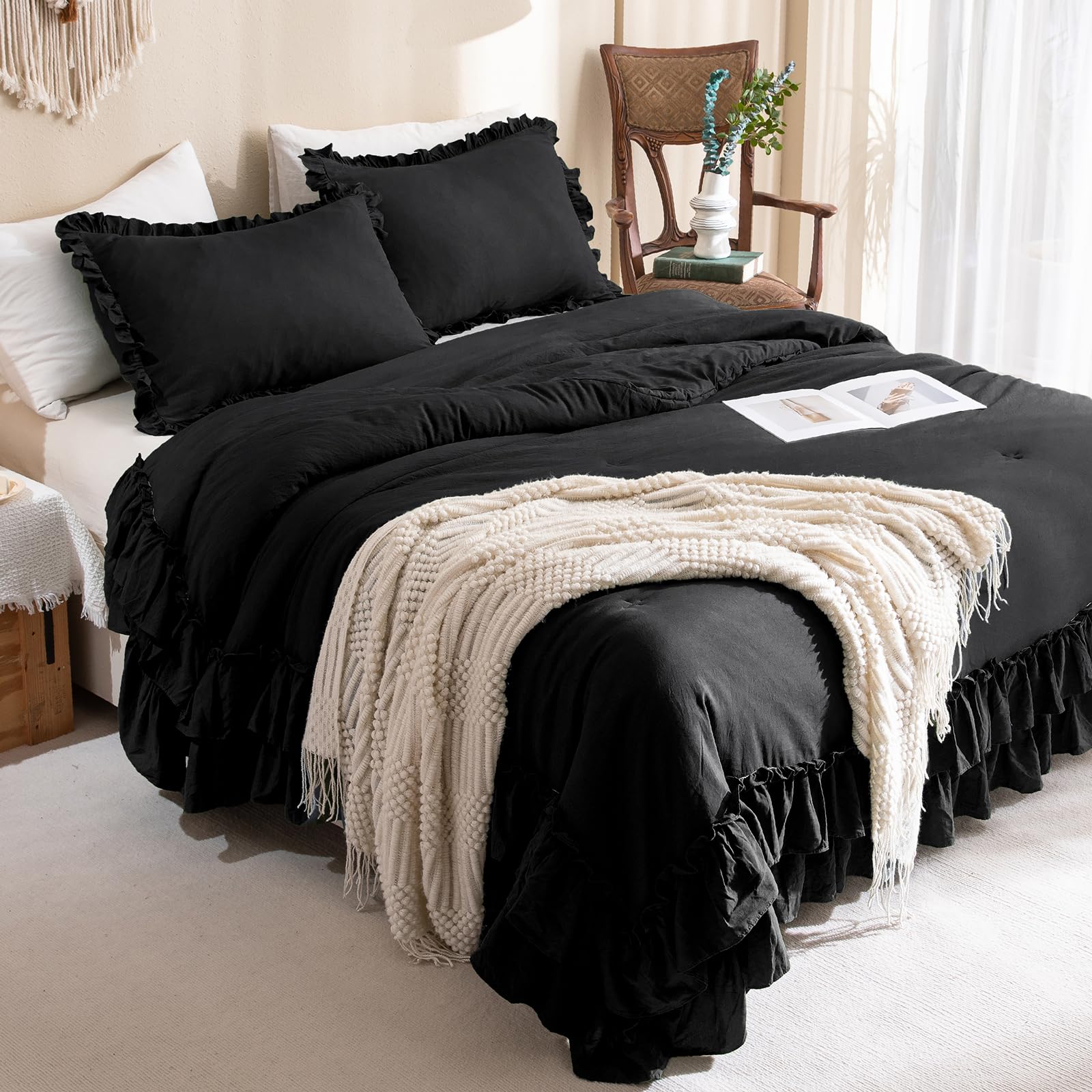 Masaca Black Ruffled Comforter King,Shabby Boho Chic Farmhouse King Bedding Comforter 3 Pieces Vintage Ultra Soft Rustic Bedding for All Season Image