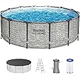 Bestway Steel Pro MAX 14 Foot x 48 Inch Round Metal Frame Above Ground Outdoor Swimming Pool Set with 1,000 Filter Pump, Ladder, and Cover, Gray