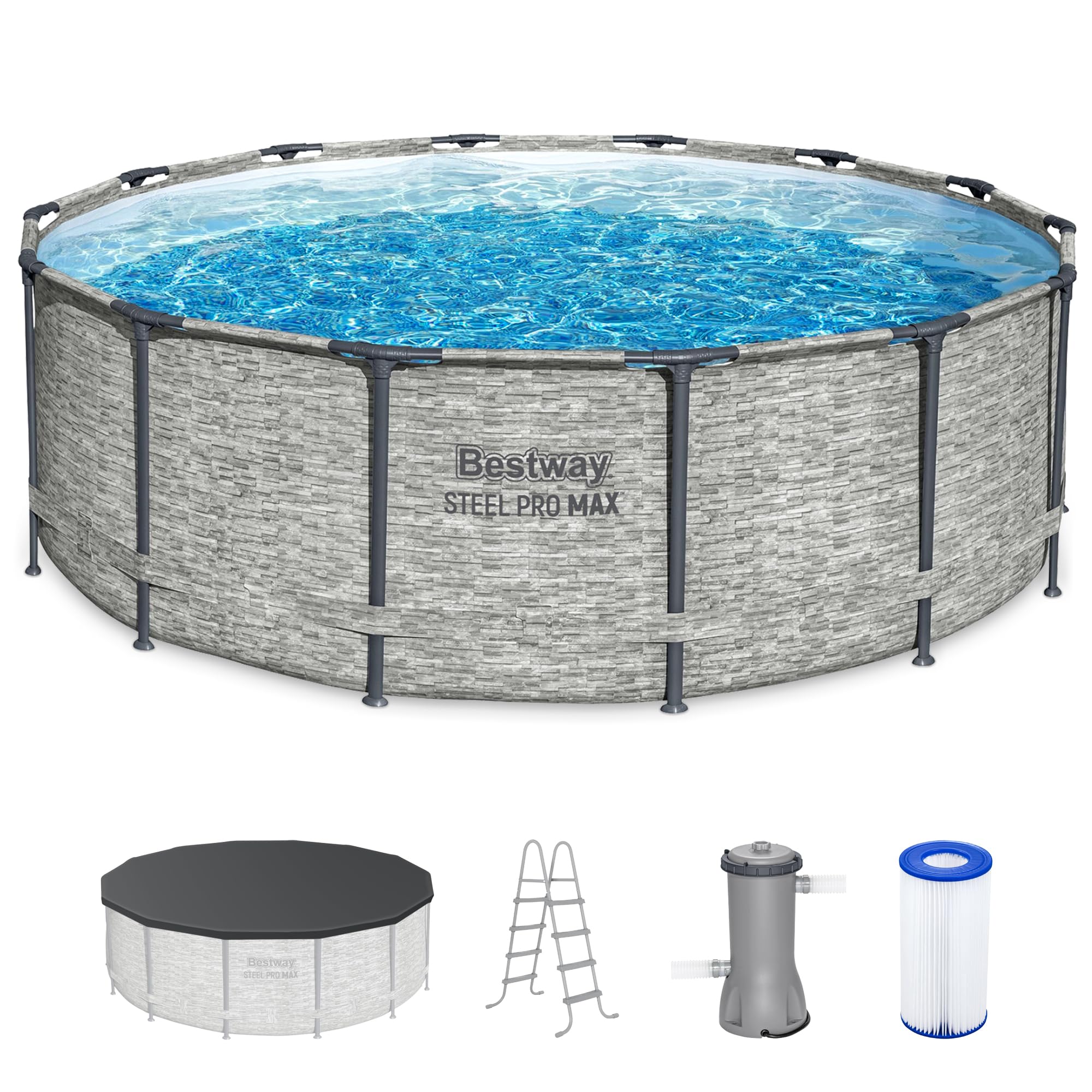 Photo 1 of Bestway Steel Pro MAX 14 Foot x 48 Inch Round Metal Frame Above Ground Outdoor Swimming Pool Set with 1,000 Filter Pump, Ladder, and Cover, Gray