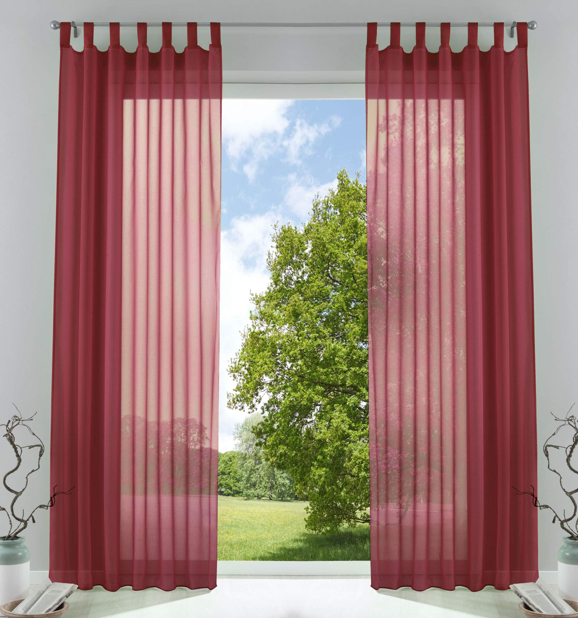 Gardinenbox Pack of 2 Transparent Curtains Set Living Room Voile Tab-Top Curtain with Lead Band Closure, 100% Polyester, Bordeaux, HxW 225 x 140 cm