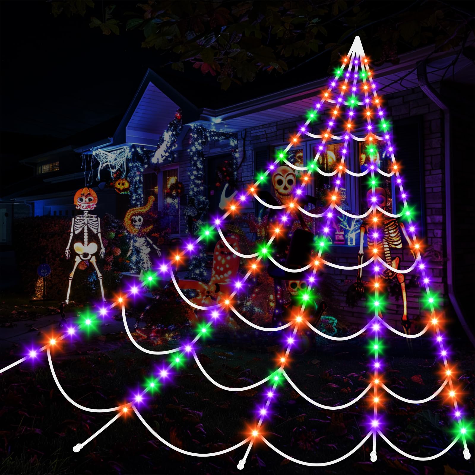 Photo 1 of Halloween Decorations Spider Webs Lights: 200 Purple & Orange & Green LED Halloween Lights Decor Outdoor, 17.4Ft Giant Spiderweb with 8 Lighting Modes Waterproof & Timer, Halloween Decorations Outside