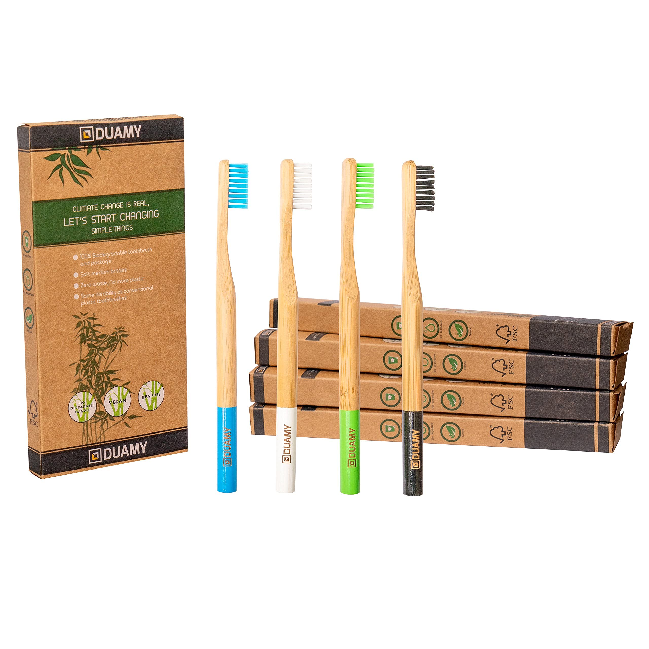4 Bamboo Toothbrush BPA-free Organic, Biodegradable, Natural and Vegan - Bamboo Toothbrushes with Coal Natural Bristles, Vegetables and Soft for the Best Oral Cleaning