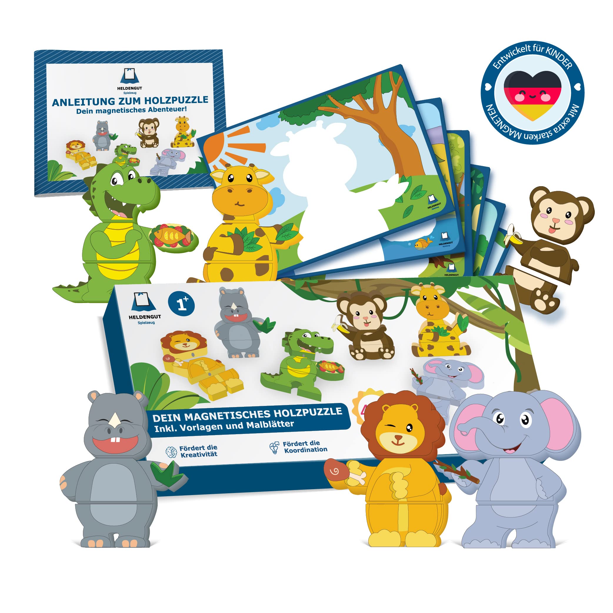 HELDENGUT® magnetisches Holzpuzzle ab 1 Jahr für Babys - Magnetpuzzle mit extra robusten Holztiere ab 1 Jahr - Pädagogisches Montessori Spielzeug ab 1 Jahr für Mädchen & Junge