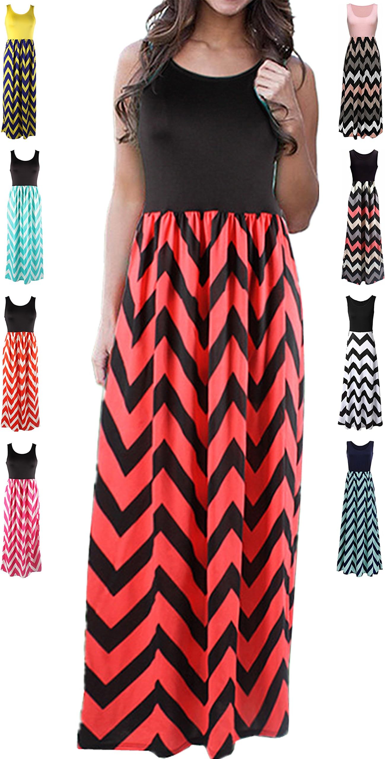 HanDanGe Women's Summer Chevron Striped Print Dress Tank Long Maxi Dresses for Women Red-XL