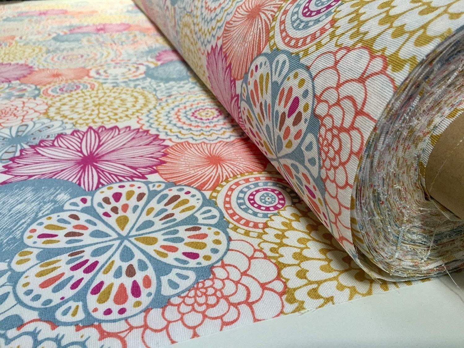 Pink Flowers & Leaves Floral Mandala Fabric Curtain Material - Floral Print Textile for Upholstery Curtains Home Decor Dress Making - 138cm Wide (1 Metre)