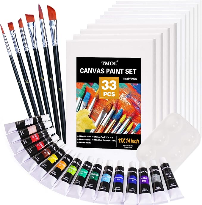 33 Piece Canvas Painting Kit, Acrylic Paint Set, Includes 4 Stretched