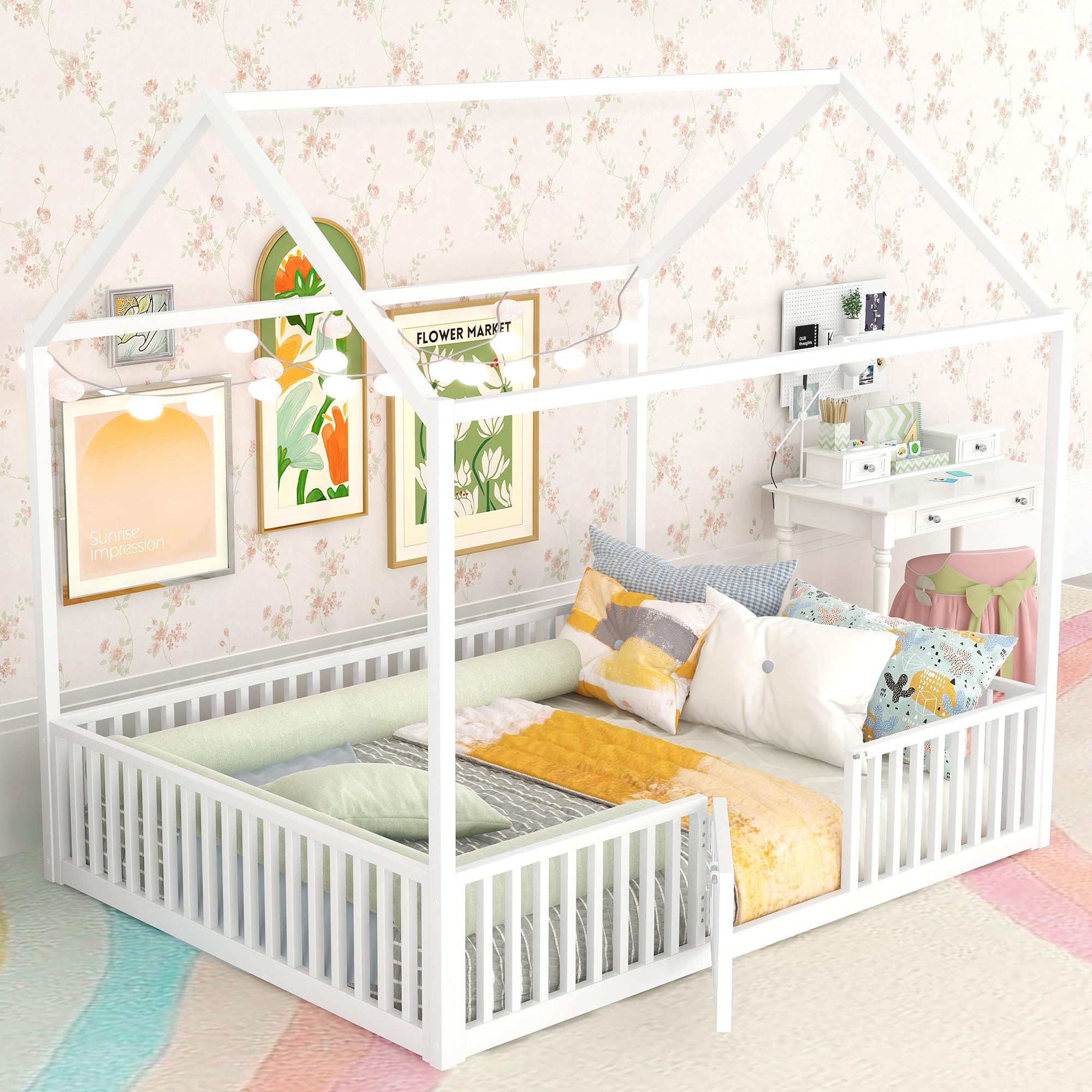 Full Size Floor Bed with Door and Fence, Heavy Duty Montessori Bed Full ...