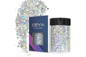 Ceya Holographic Chunky Glitter, 3.5oz/ 100g Diamond Silver Craft Glitter Powder Mixed Fine Flakes Iridescent Nail Sequins fo