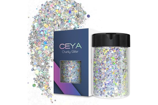Ceya Holographic Chunky Glitter, 3.5oz/ 100g Diamond Silver Craft Glitter Powder Mixed Fine Flakes Iridescent Nail Sequins fo