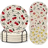 Kokaaee Drink Coasters Set of 4 - Cute Absorbent Cup Coasters for Drinks Coffee Table Office Home Desk Decor Soft Woven Cotton Cloth Braided Fabric Drinking Cup Mat with Holder Mushroom Cherry Fruit