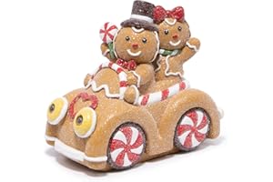 Hodao Christmas Gingerbread Car Decoration – Gingerbread Couple Figurine Driving Holiday Car with Lights, Festive Christmas Ornament for Home, Table, Mantel, Living Room Decor (Car)
