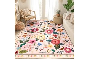 RELEANY Floral 5x7 Area Rug Machine Washable Soft Print Boho Carpet Non Slip Doormat Low Pile Flower Area Rugs for Living Room Bedroom Nursery Kitchen Dining Room Indoor-Pink