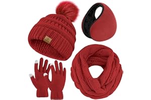 URATOT 4-In-1 Winter Warm Sets Knitted Scarf Touch Screen Gloves Beanie Pompom Hat and Winter Ear Warmer for Men or Women