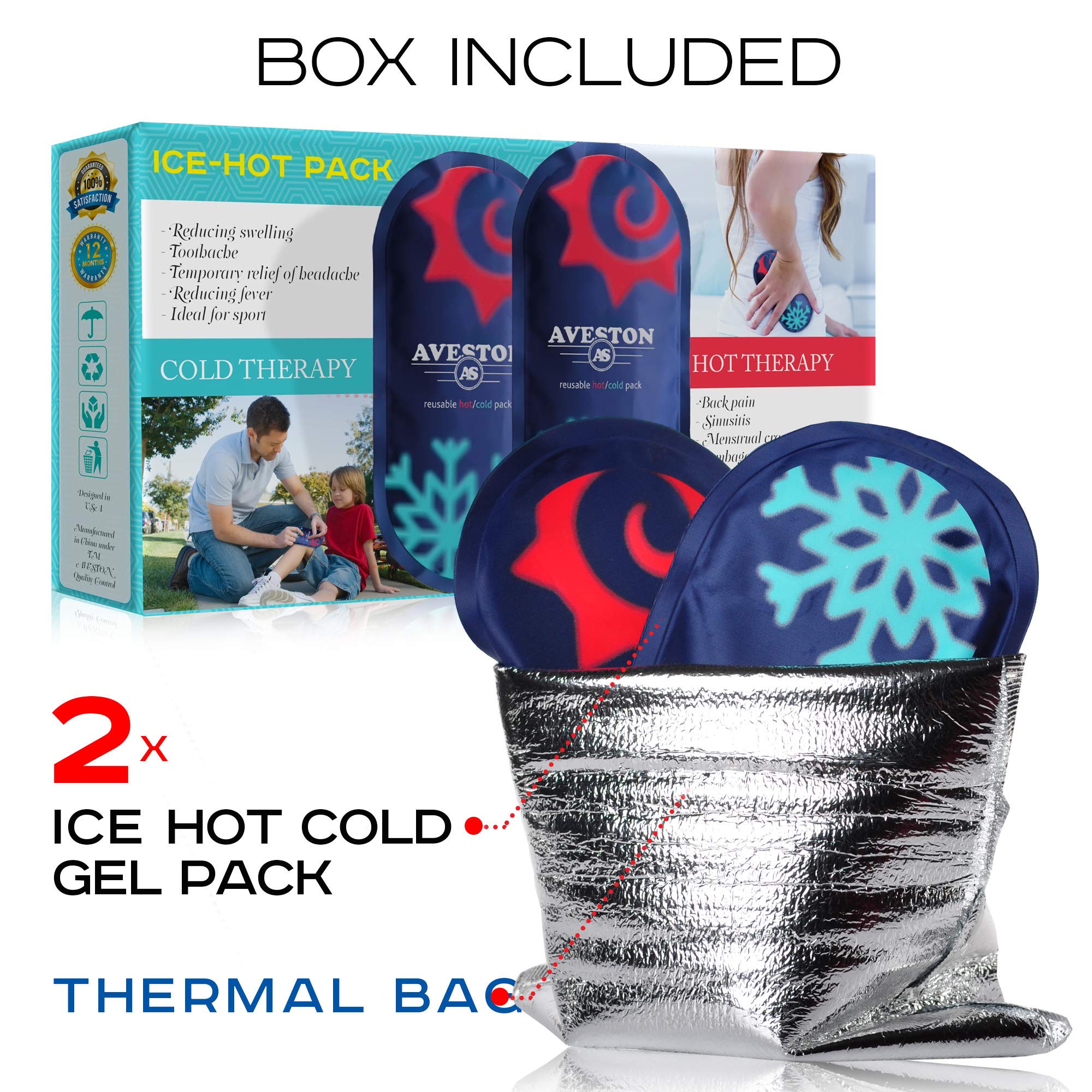 AVESTON Ice Gel Cold Pack for Injuries – Reusable Flexible 2 Ice Packs Set for Knee Ankle Back Shoulder Neck Hot Cold Therapy Compress for Women Men + Free Thermal Bag